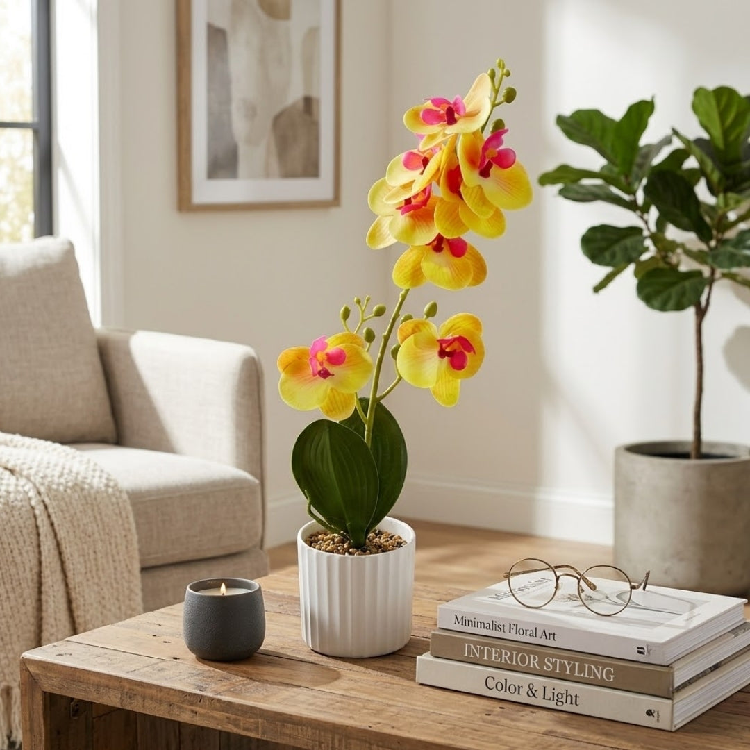Maceta artificial orquídea amarillo