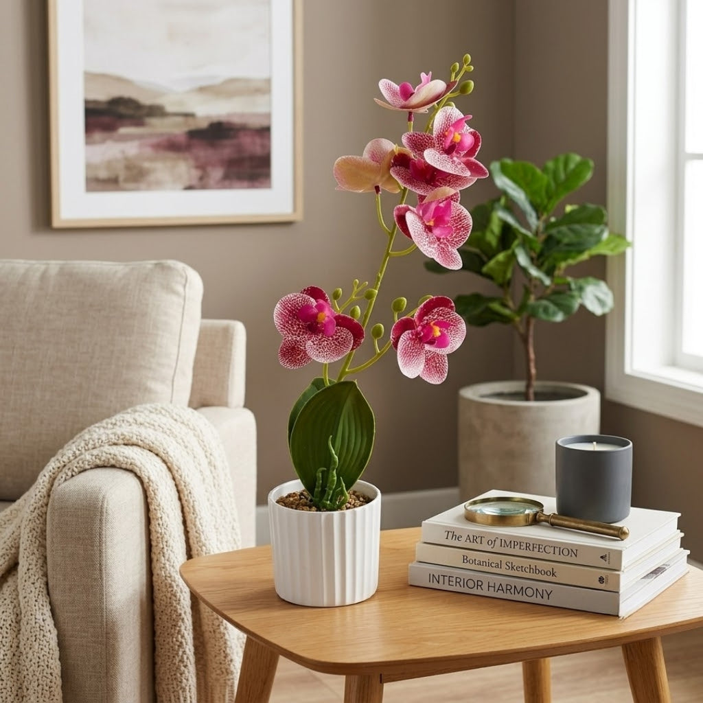 Maceta artificial orquídea decorativa rosa con puntos