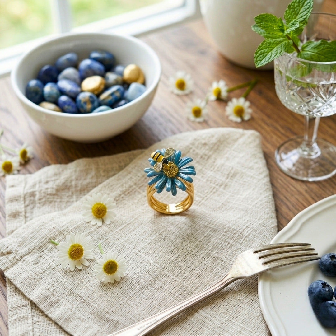 Set de 6 anillo para servilleta flor abeja azul