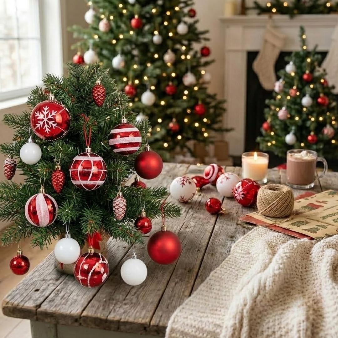 Juego de 42 esferas navideñas  rojo y blanco