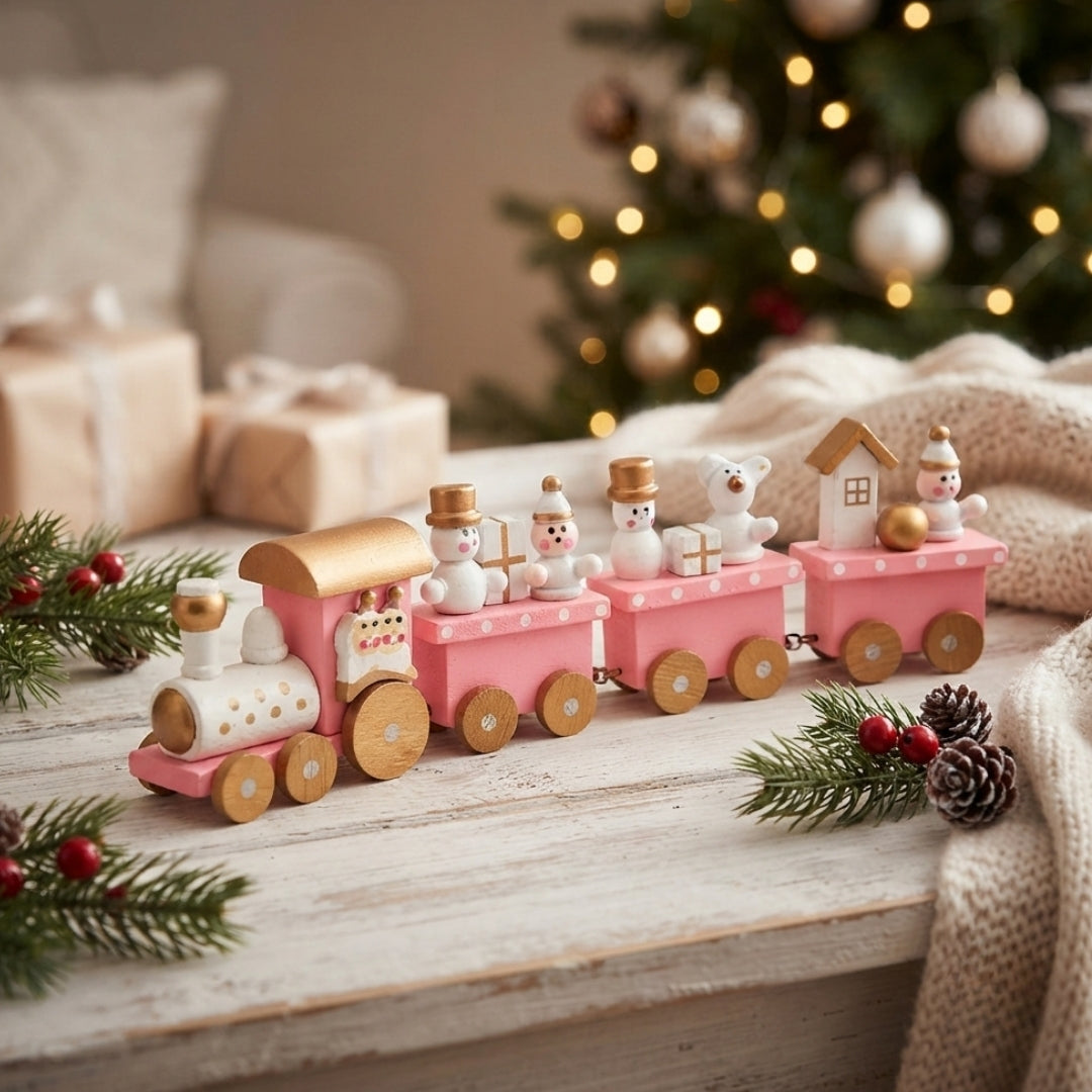 Figura decorativa tren navideño rosa