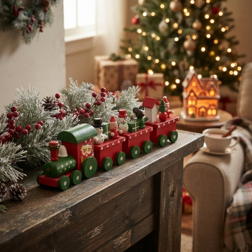 Figura decorativa tren navideño rojo