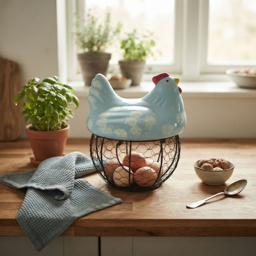 Canasta para huevos gallina azul