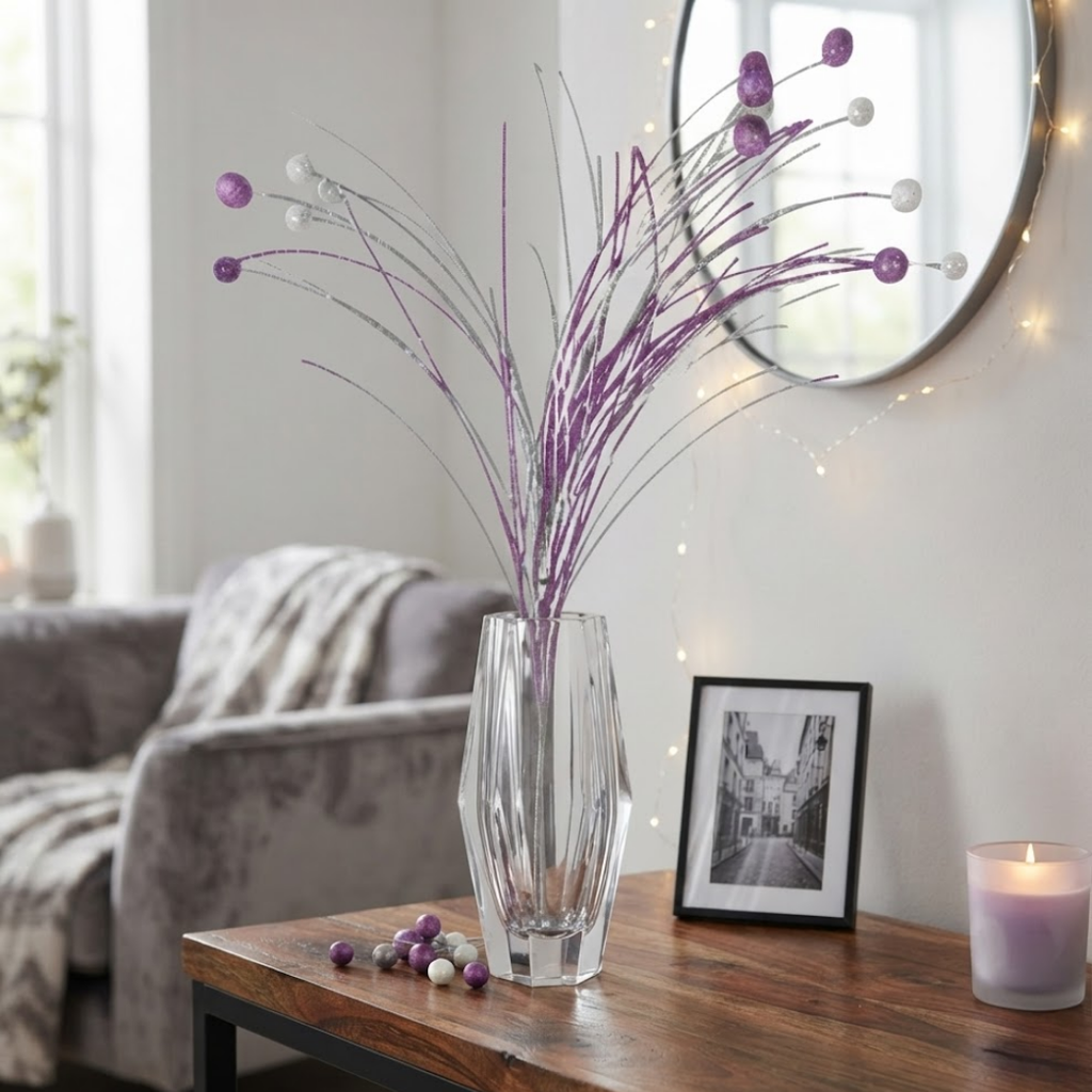 Rama artificial con glitter navideña lila