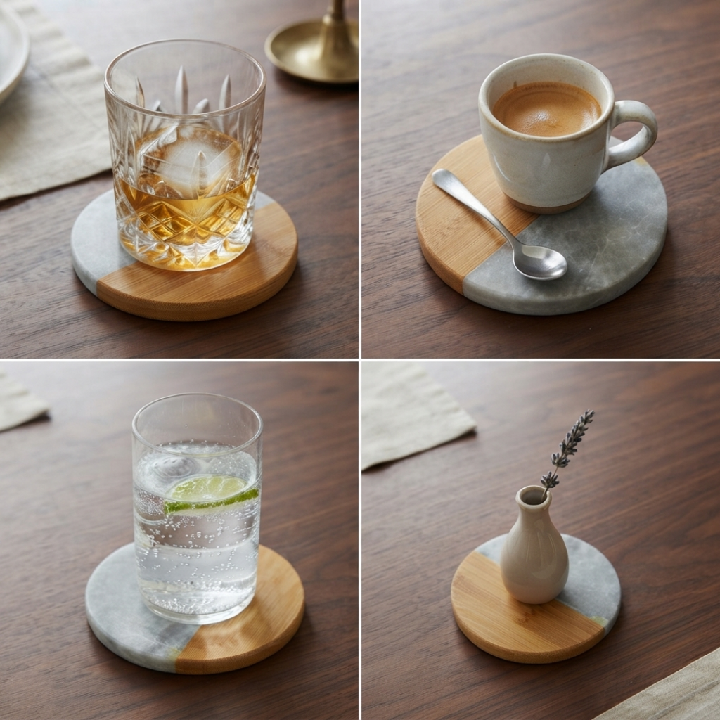 Set de 4 portavasos madera y mármol